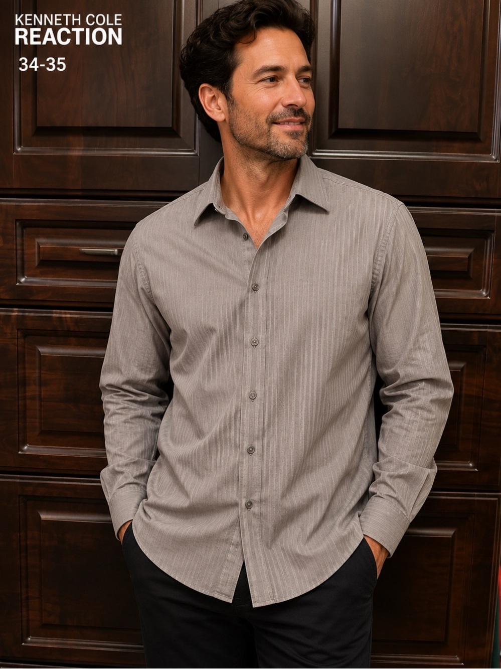 Kenneth Cole Reaction Men's Long-Sleeve Button-Up Shirt — Light Taupe size 34-35